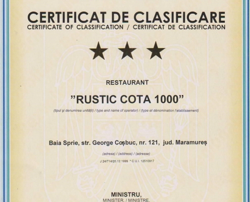 Certificat clasificare Restaurant Rustic