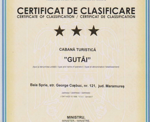 Certificat clasificare cabana Gutai