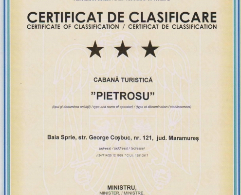 Certificat clasificare cabana Pietrosu