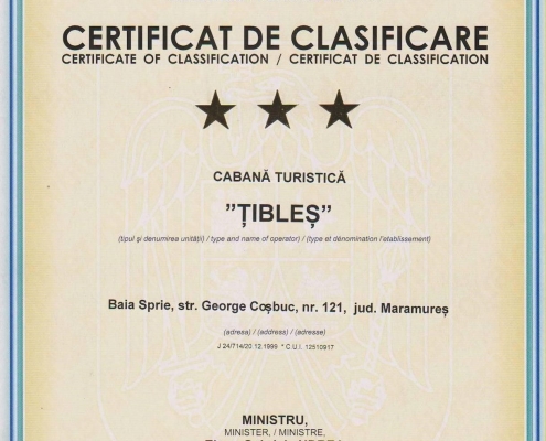 Certificat clasificare cabana Tibles